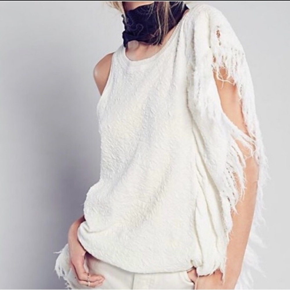 Free People Cream Fringe Open-Sleeve Textured Tank